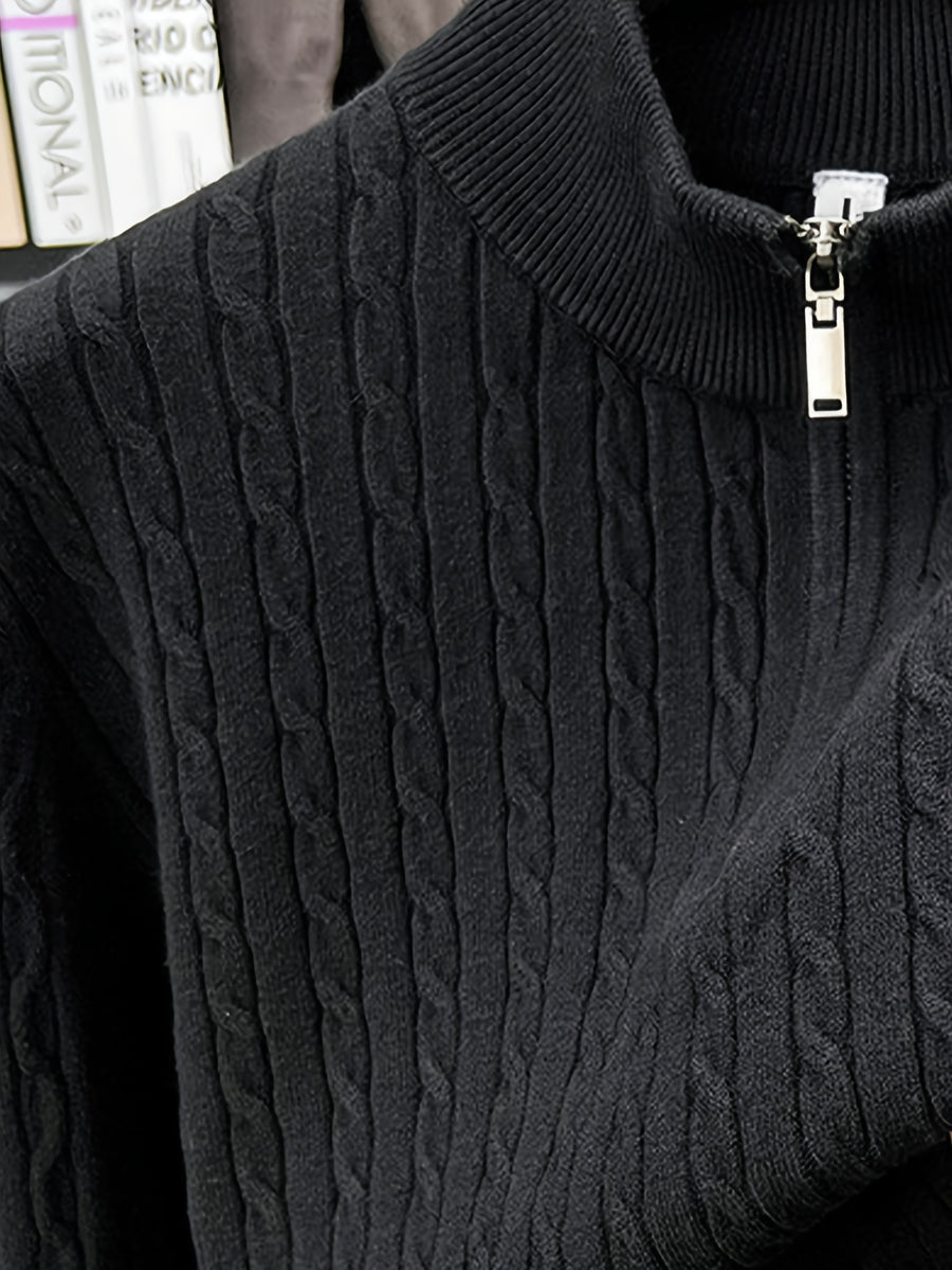 Half-zip Cable-knit Sweater, Fully Constructed with Herringbone Cable Stitching for a Strong Three-dimensional Texture. Compared to a Stockinette Sweater, It Has a More Vintage Feel. The Slightly Relaxed Fit Offers Good Forgiveness for Body Shapes - Black