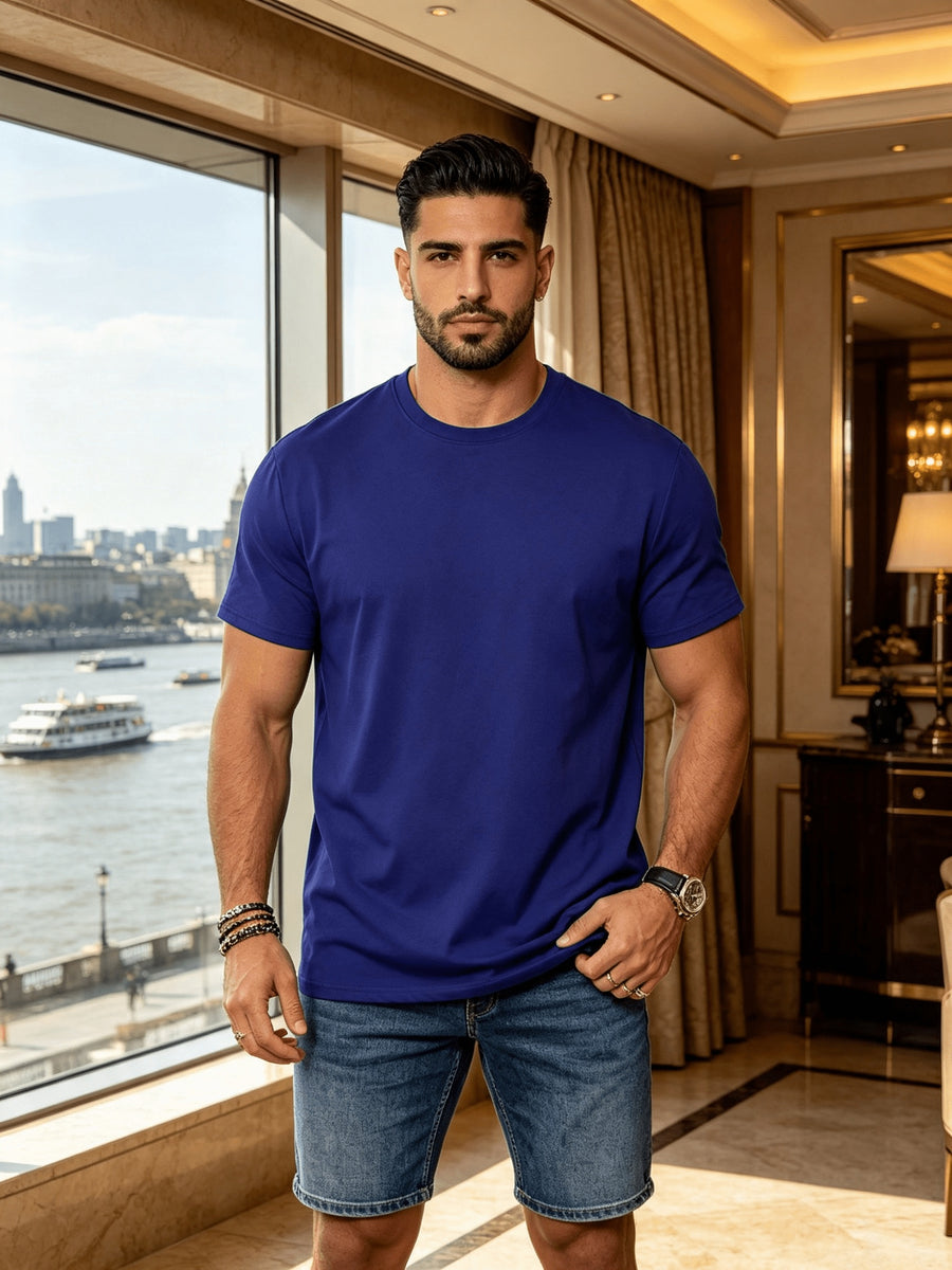 Men's Spring/Summer Solid Color T-Shirt, Short-Sleeve Top, Casual and Breathable, Suitable for Commuting and Outings, Fashionable, Trendy, Simple, and Versatile, a Casual Essential - Blue