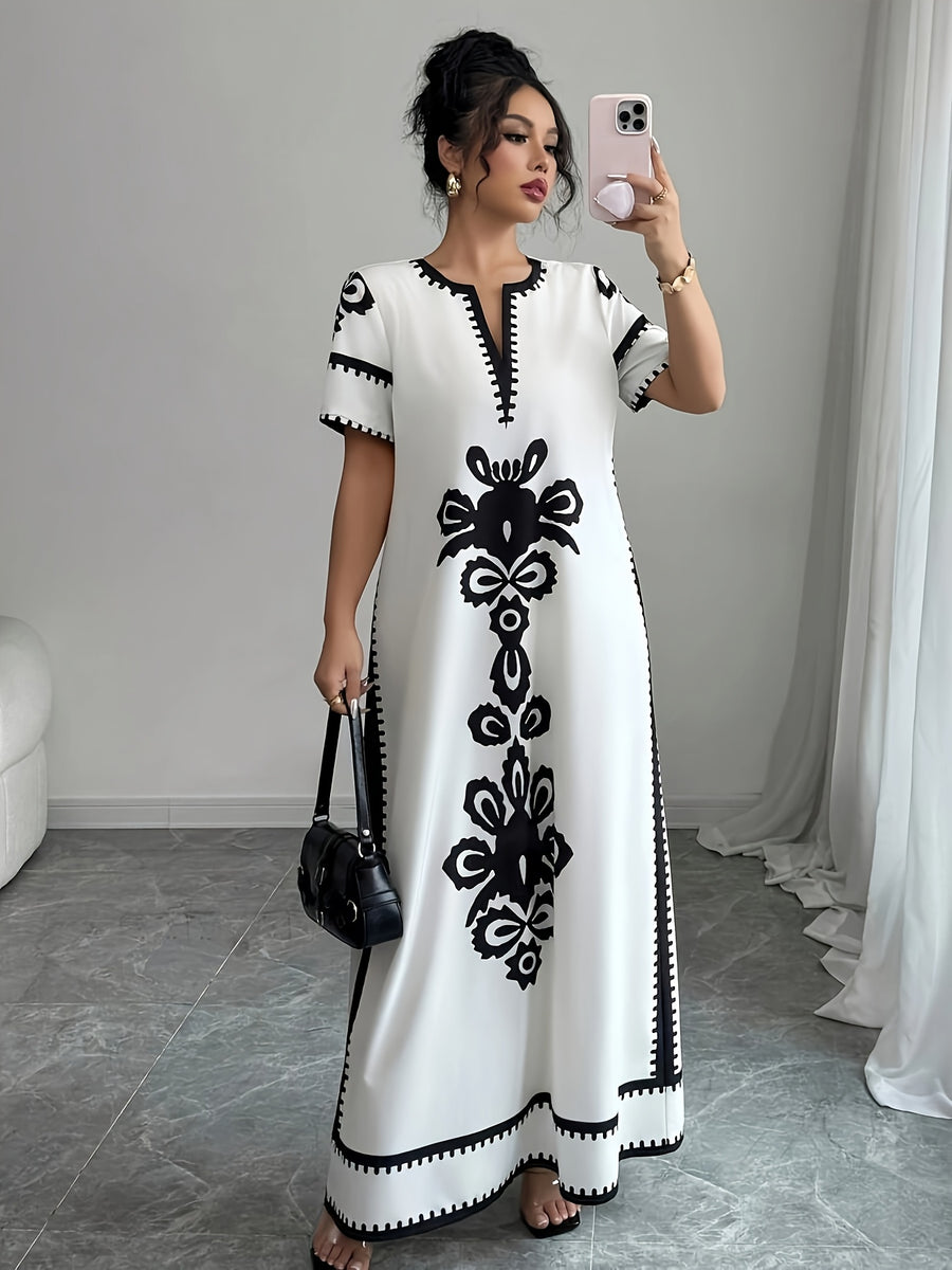 Middle Eastern Ramadan Themed Elegant Spring And Summer Party Dress with a V-Neck Short Sleeves And Paisley Print - Light White+Black Color