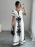Middle Eastern Ramadan Themed Elegant Spring And Summer Party Dress with a V-Neck Short Sleeves And Paisley Print - Light White+Black Color