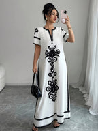 Middle Eastern Ramadan Themed Elegant Spring And Summer Party Dress with a V-Neck Short Sleeves And Paisley Print - Light White+Black Color