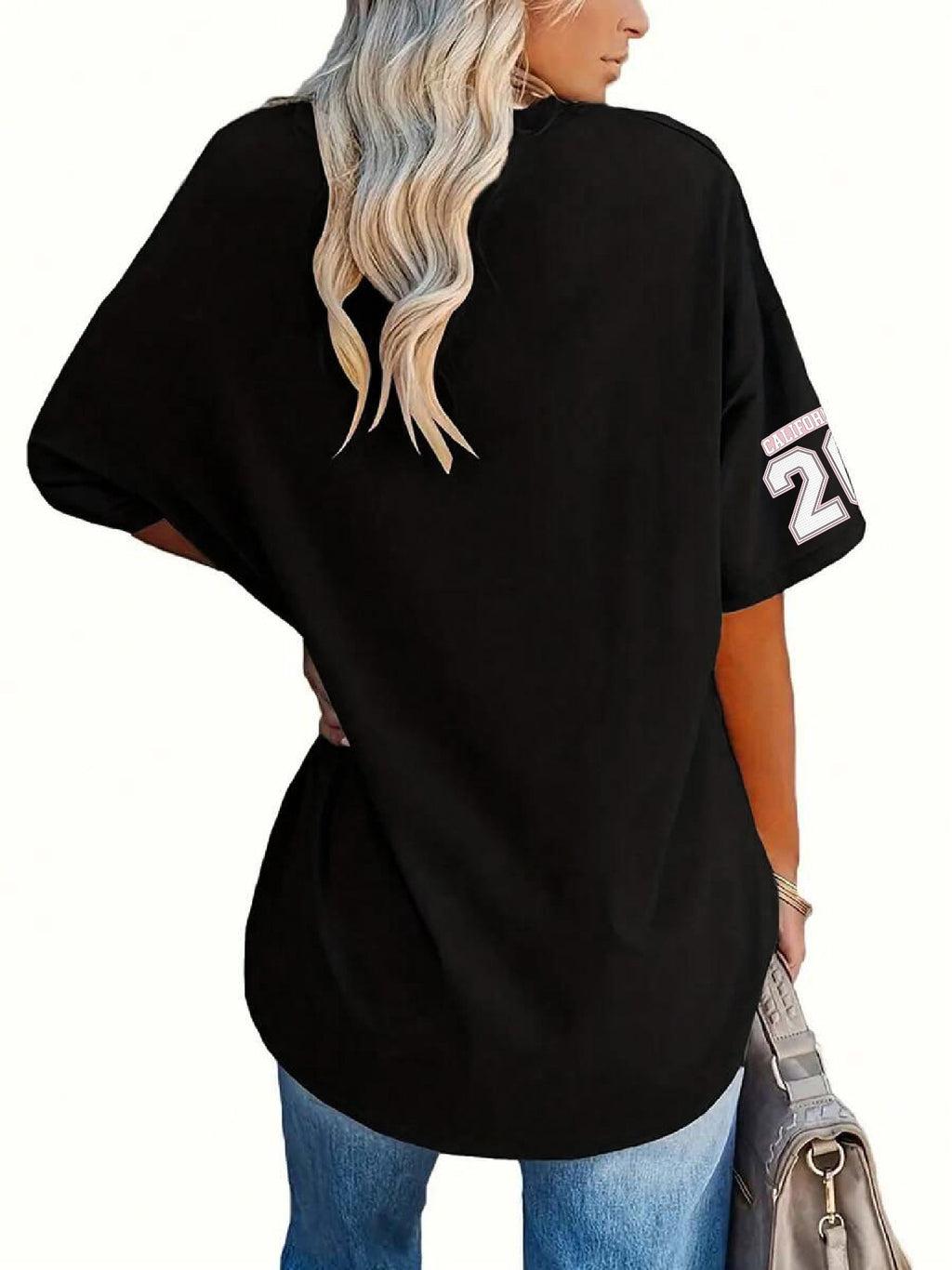Women'S Fashion V-Neck Tee Featuring Relaxed Drop Shoulders - Black