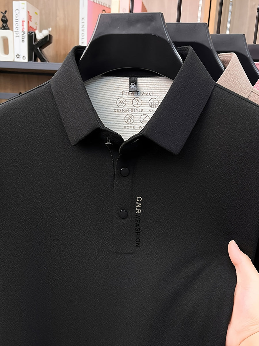 Men'S Lapel Long Sleeve Polo Shirt, Classic Small Lapel, 3-Button Placket, Business Commute And Casual Wear - SINBOS - Black