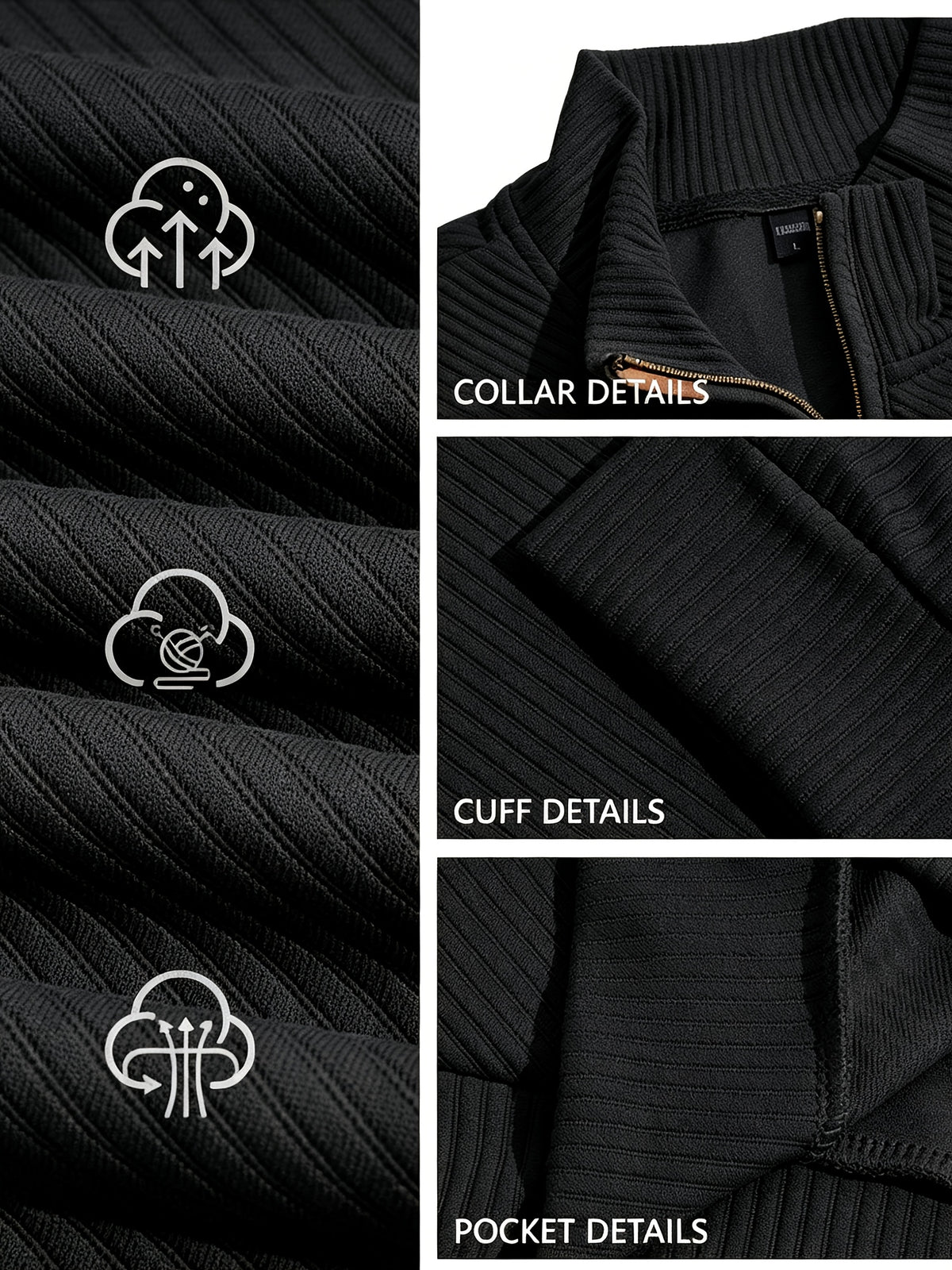 BOWZ Men's Casual Top, Solid Color Stand Collar Sweatshirt, Half-Zip Design, Warm Knit Henley Shirt, Skin-Friendly and Sweat-Absorbent, Simple, Casual, Fashionable, and Versatile, Men's Autumn/Winter Long-Sleeve Top, Suitable for Daily Leisure - Black