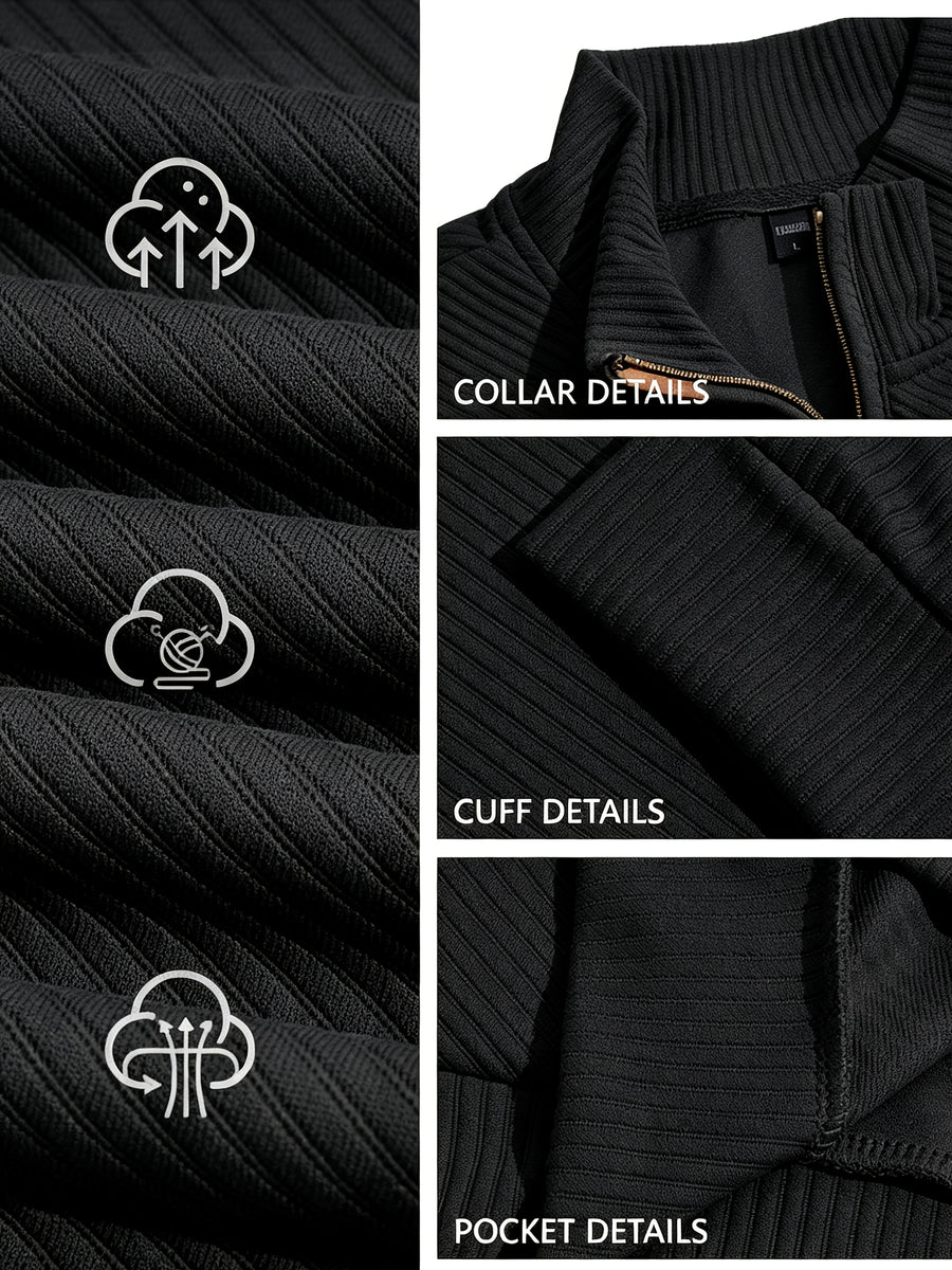 BOWZ Men's Casual Top, Solid Color Stand Collar Sweatshirt, Half-Zip Design, Warm Knit Henley Shirt, Skin-Friendly and Sweat-Absorbent, Simple, Casual, Fashionable, and Versatile, Men's Autumn/Winter Long-Sleeve Top, Suitable for Daily Leisure - Black