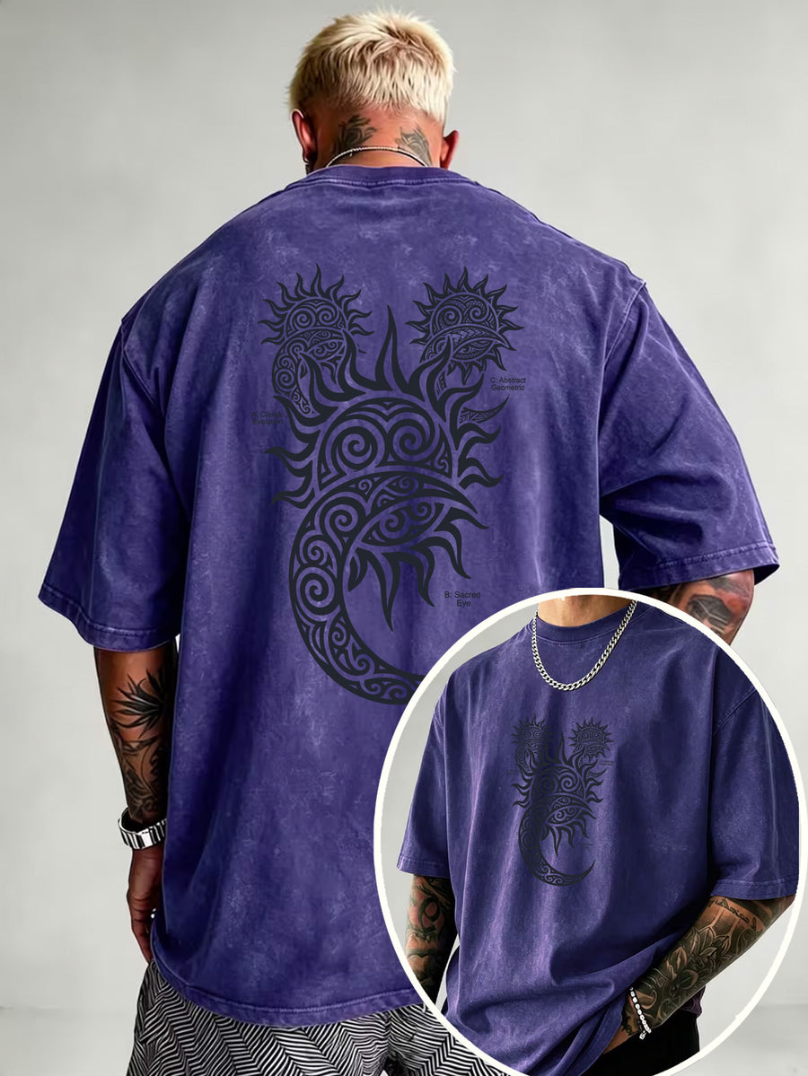 Washed Distressed Short Sleeve Loose Top, Tribal Totem Sun Vortex Trendy Print, Multi-Color Casual Matching, American Street Hip-Hop High Street Style, Daily Outing Commute Sports Fitness Couple Statement Versatile T-Shirt - Royal Blue