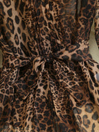 Women'S Leopard Print Round Neck Long Sleeve Tie-Waist Ruffled Blouse - Leopard Print