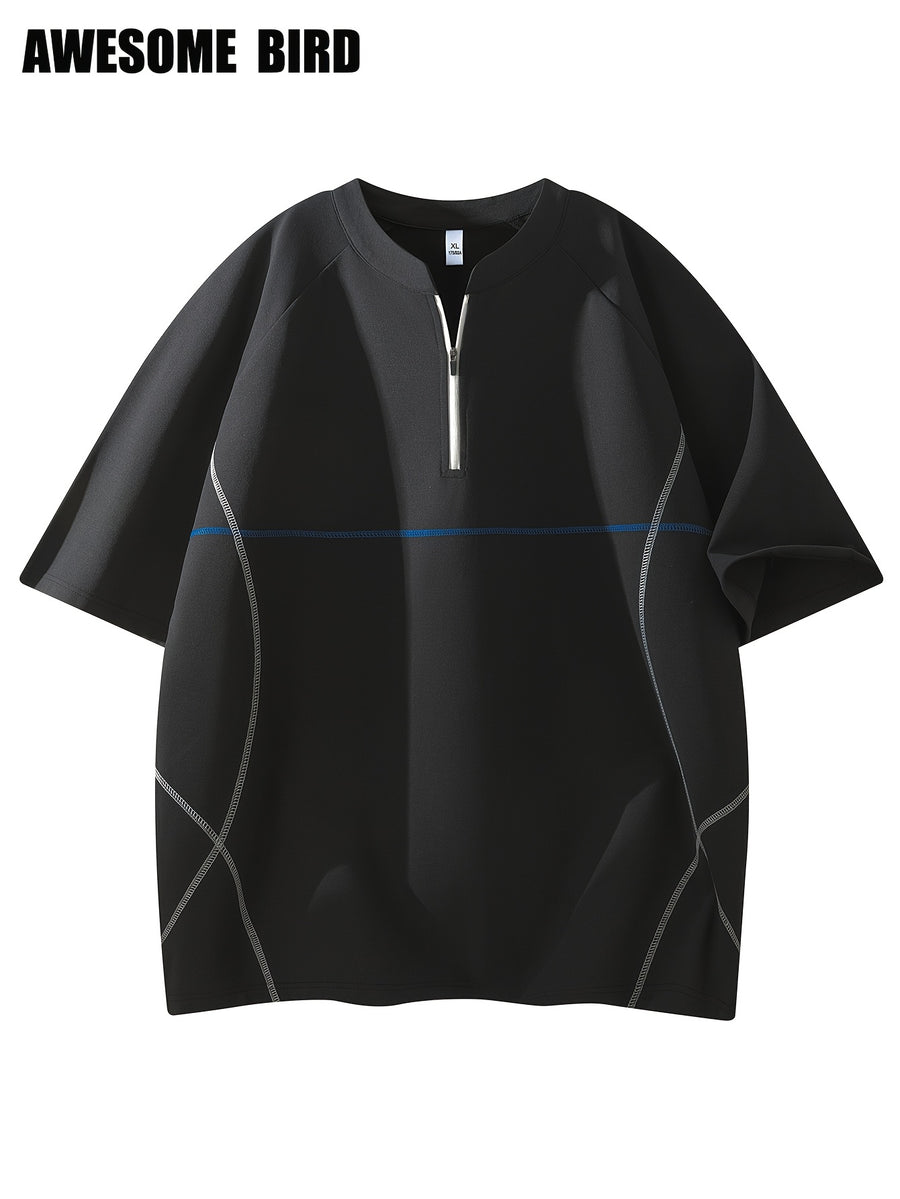 American Summer Couple Lightweight Quick-Drying Color-Blocking Half-Zip Raglan Sleeve Sports Short-Sleeved T-Shirt Men'S Training - Black