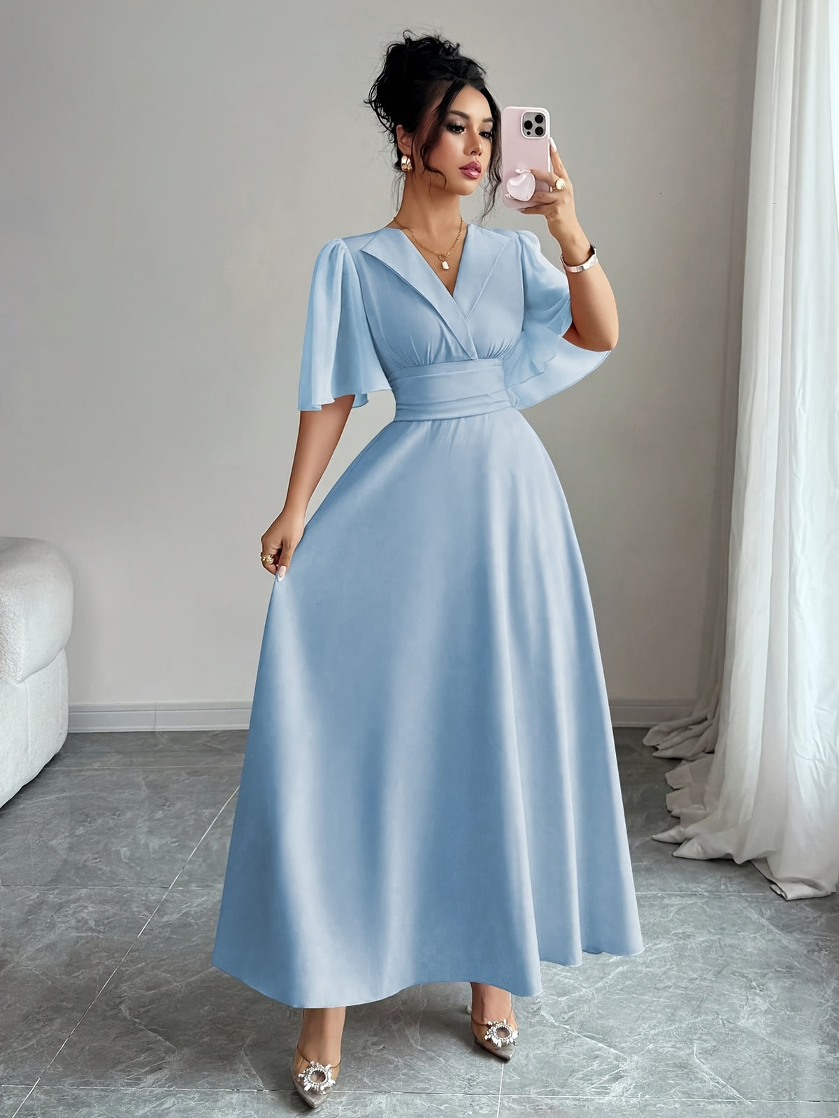 Women's Solid Color Elegant Dress, New Summer V-Neck A-Line Flowing Dress for Casual to Formal Wear, Machine Washable - Light Blue