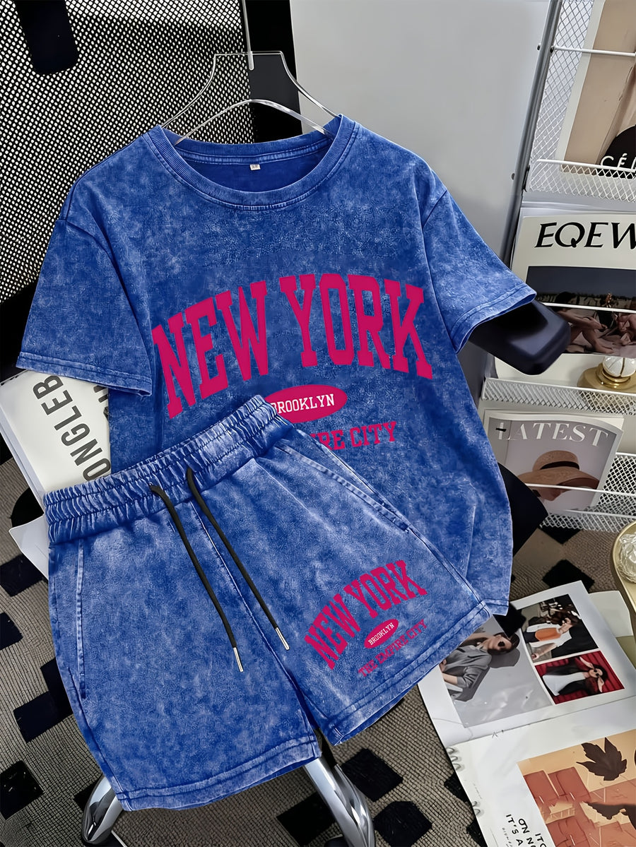 Summer Trendy Fashion Distressed Washed Short Sleeve Shorts with Drawstring Women'S Set NEW YORK City Letter Print American College Style (Varsity), New York Landmark Theme, Retro Style Comfortable for Hot Weather, Classic Silhouette for Styling - Royal Blue