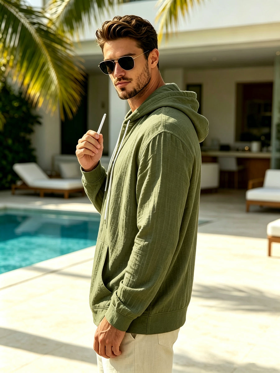 Spring And Autumn Men'S Casual Hooded Shirt, Long Sleeve Shirt, Solid Color Minimalist, Trendy And Versatile, Lightweight And Breathable, Suitable for Beach Vacation, Travel, And Daily Wear - Military Green