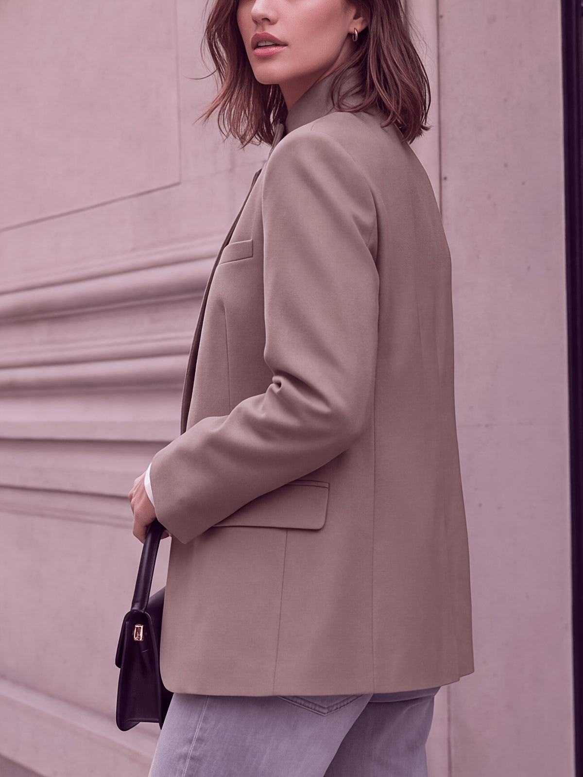 Stand-up Collar with Irregular Slanted Placket, Women's Casual Blazer, Versatile and Elegant Commuter Blazer Top, Dual-wear Suit for Daily and Workplace, Lined, with Pockets - Taupe
