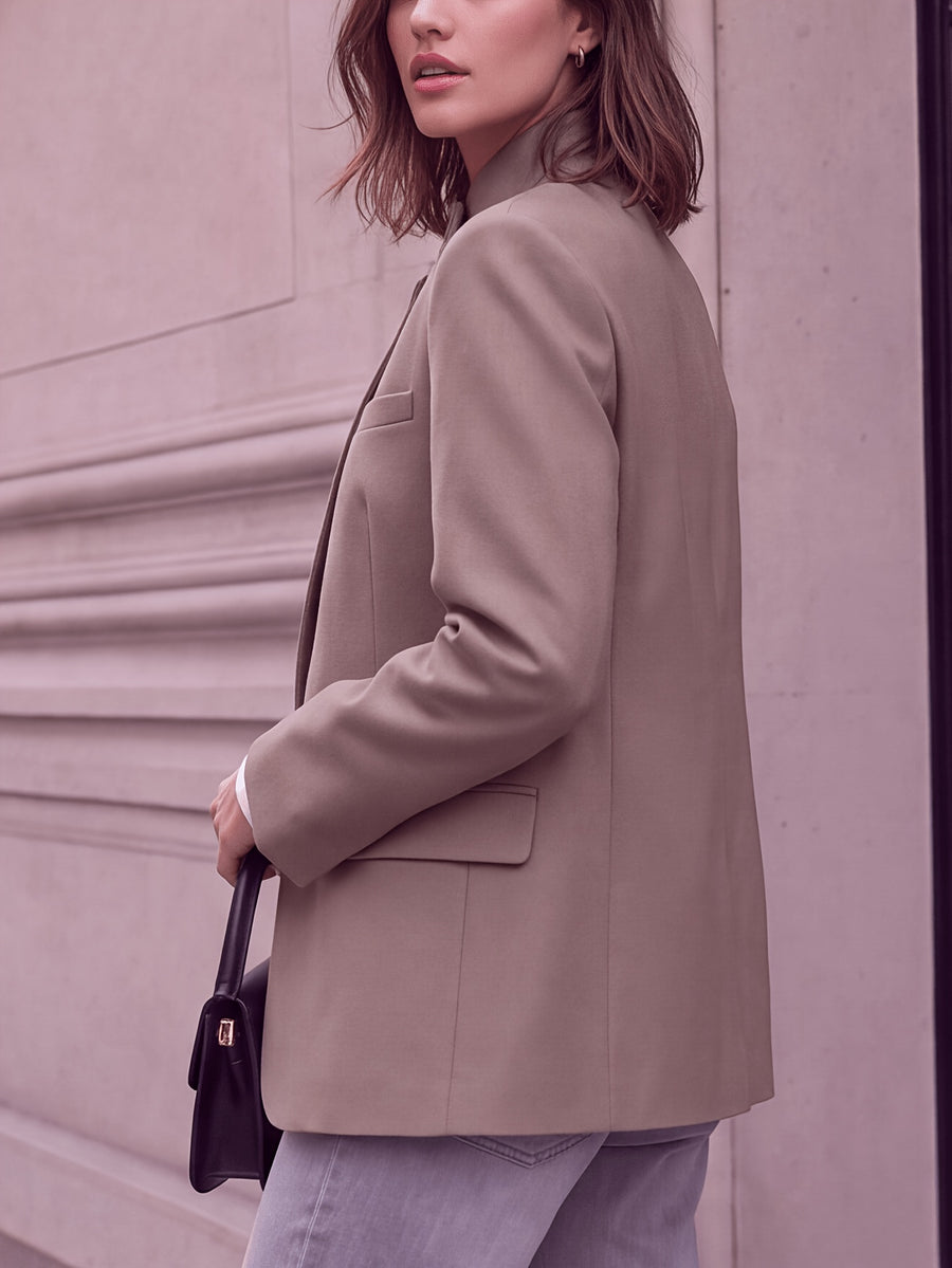 Stand-up Collar with Irregular Slanted Placket, Women's Casual Blazer, Versatile and Elegant Commuter Blazer Top, Dual-wear Suit for Daily and Workplace, Lined, with Pockets - Taupe