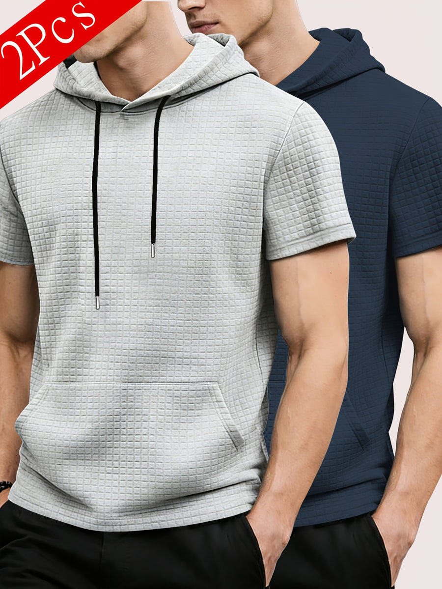2pcs Men's Waffle Knit Short-Sleeve Hoodie with Kangaroo Pocket, Soft and Breathable Fabric, Multiple Color Options, Versatile, Simple, Stylish, and Casual for Daily Wear or Sports, a Great Choice for Holiday Gifts for Fathers, Partners, and Friends - Grey+Navy Blue
