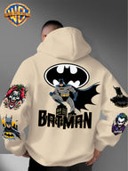 DC Batman Joker IP Official Hooded Sweatshirt with Gotham Crouching Batman on the Back + Bat Logo Themed Print, Drawstring Loose Hoodie, Wear-Resistant and Wash-Resistant Autumn/Winter Trendy Top - Apricot