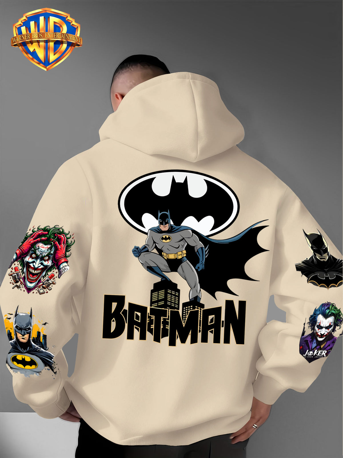 DC Batman Joker IP Official Hooded Sweatshirt with Gotham Crouching Batman on the Back + Bat Logo Themed Print, Drawstring Loose Hoodie, Wear-Resistant and Wash-Resistant Autumn/Winter Trendy Top - Apricot