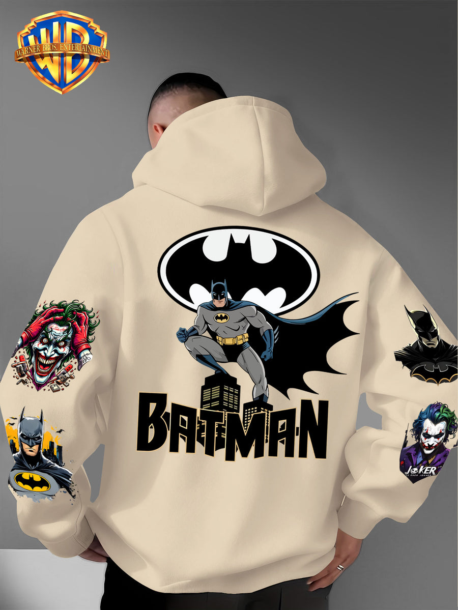DC Batman Joker IP Official Hooded Sweatshirt with Gotham Crouching Batman on the Back + Bat Logo Themed Print, Drawstring Loose Hoodie, Wear-Resistant and Wash-Resistant Autumn/Winter Trendy Top - Apricot