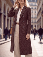 Women'S Spring Autumn New Vintage Printed Long Blazer, Double-Breasted Coat with Lining And Pockets - Chocolate Mocha