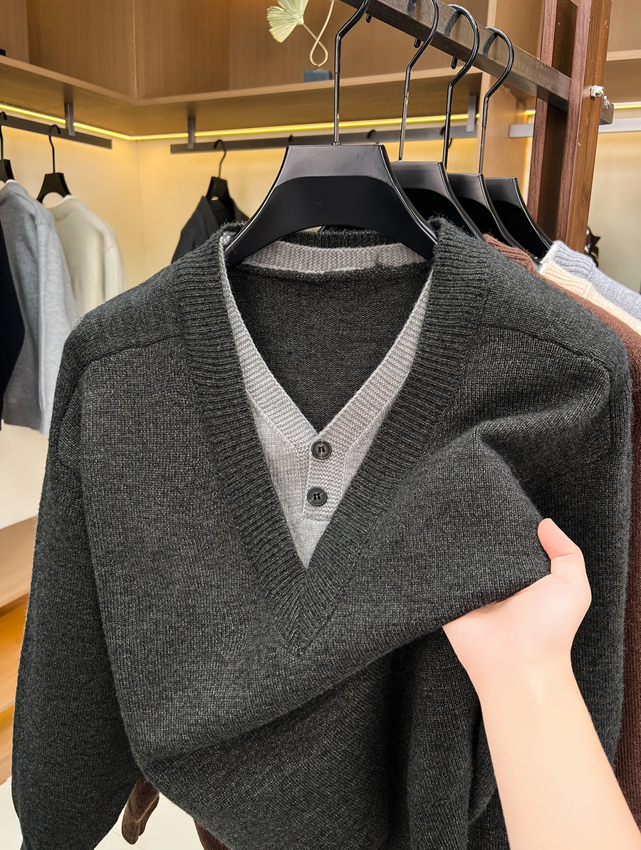 Autumn Winter New Faux Two-Piece Knit Sweater Retro Color-Block V-Neck Sweater Loose Double-Button Long Sleeve Pullover Business Casual All-Match Warm Base Layer Top Men'S Clothing - Black Gray