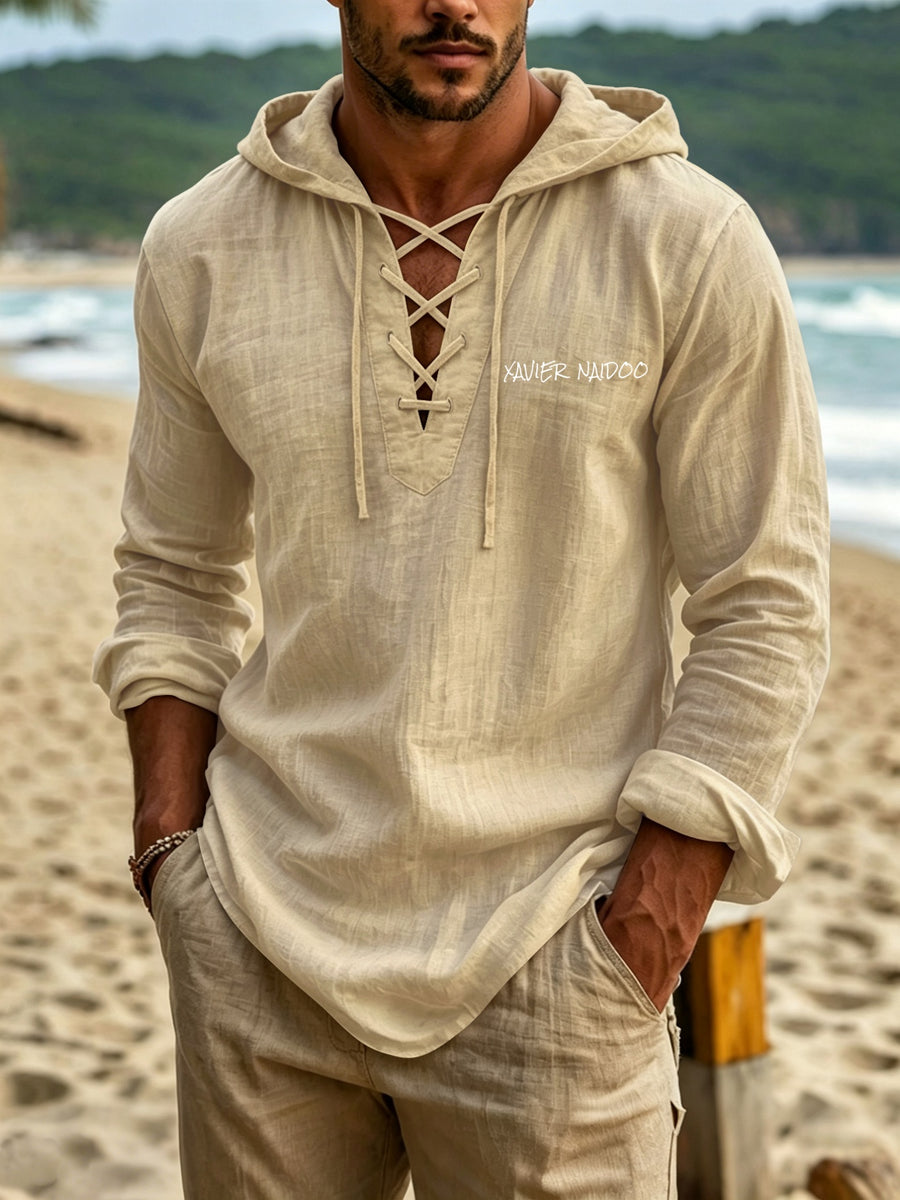 Minimalist Light Luxury Men's Linen Hooded Long-sleeve Garment. The Smooth Handwritten Letter Print on the Front Chest Enhances the Overall Style, While the Crisscross Tie-strap Construction Creates a Distinctive Neckline. The Long-sleeve Hooded - Khaki