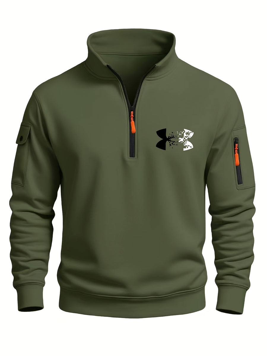 2026 Autumn/Winter New Men's Stand Collar Half-Zip Sweatshirt, Distressed Print, Workwear Style Multi-Pocket Design, Wear-Resistant and Wrinkle-Resistant Fabric, Sleek Cut Without Bulk, Combining Workwear Practicality with Casual Attire Adaptability - Army Green 1
