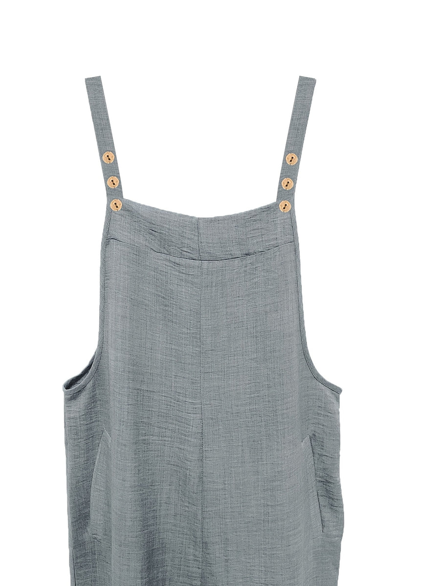 Women's Vacation Wide-Leg Jumpsuit - Sleeveless with Adjustable Buckle Straps, Pockets Included, Machine Washable, Solid Color - Grey