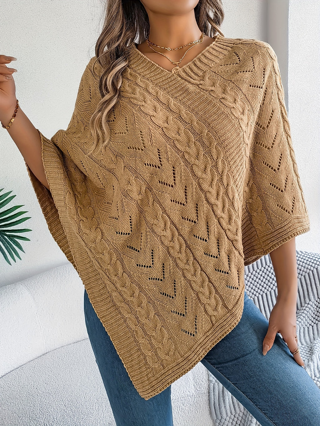 Elegant Solid Color V-Neck Cable Cape Sweater for Autumn And Winter Leisure - Khaki