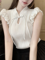 Sleeveless Top with a Solid Color, Featuring a Stand Collar And Ruffles, Perfect for Casual Spring And Summer Wear, Versatile And Elegant for Women'S Fashion - White