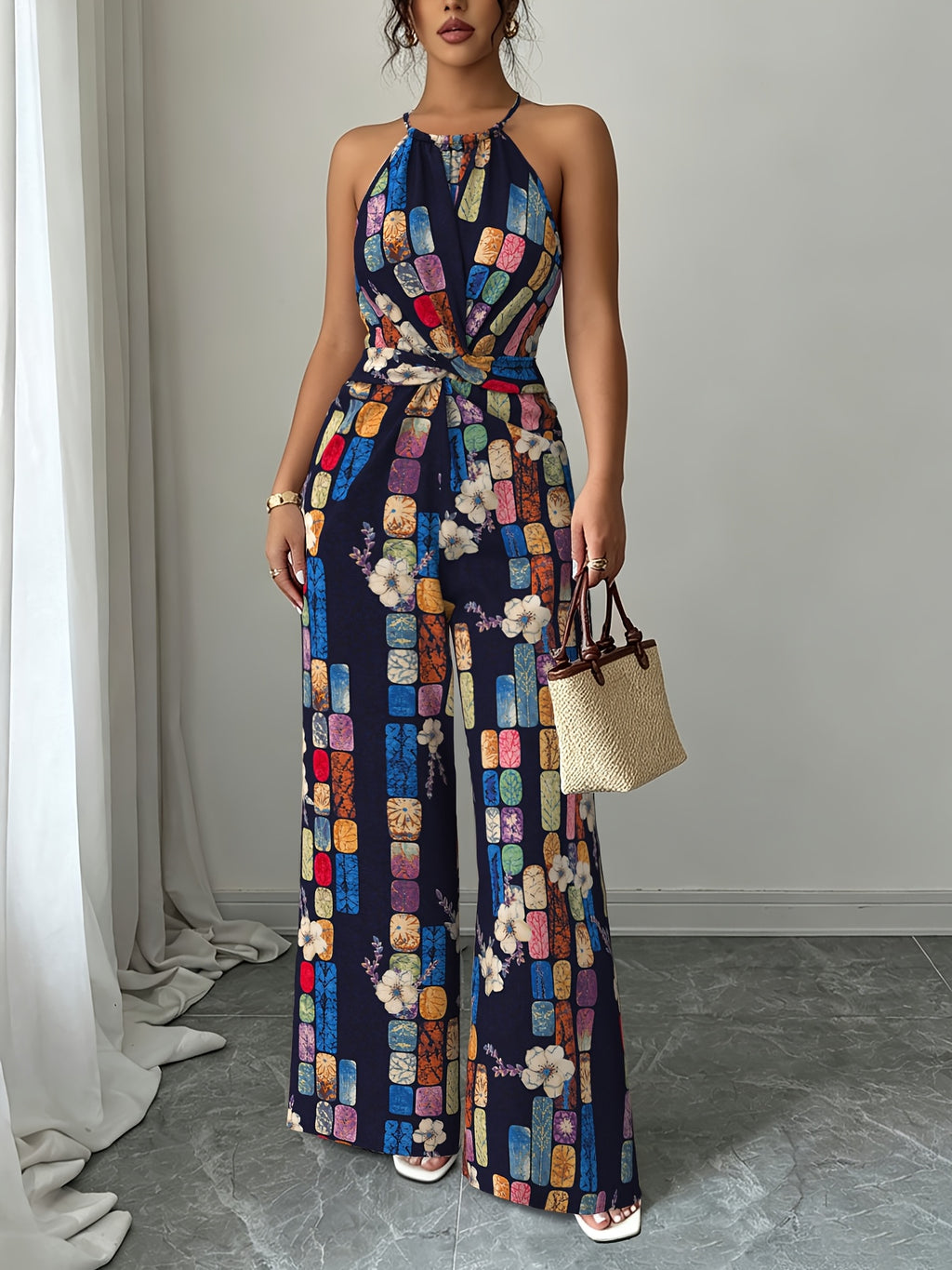 Women'S Jumpsuit, Cross-Front Design, Soft And Breathable Fabric, Printed Elegant Romantic Vacation Overalls - Mixed colors