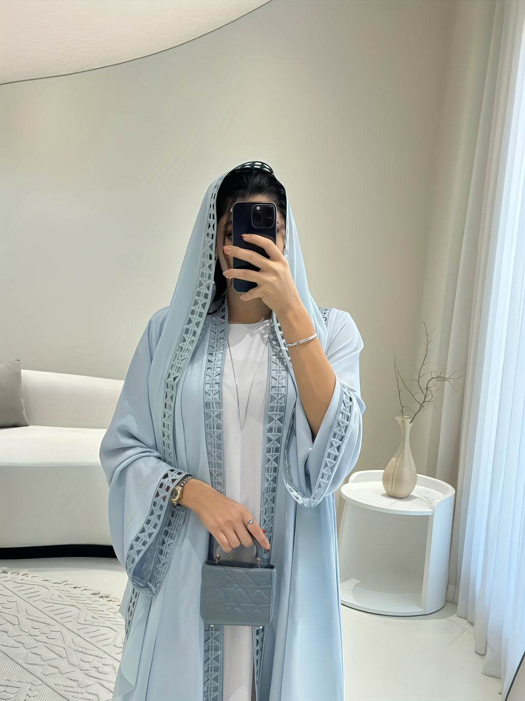 Open Abaya Set with Lace Trim And Chiffon Headscarf - Lightweight, Modest, And Breathable for Spring/Summer - Sky Blue