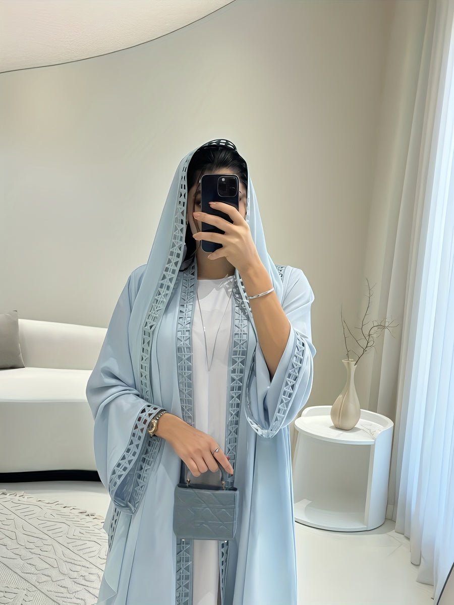 Open Abaya Set with Lace Trim And Chiffon Headscarf - Lightweight, Modest, And Breathable for Spring/Summer - Sky Blue