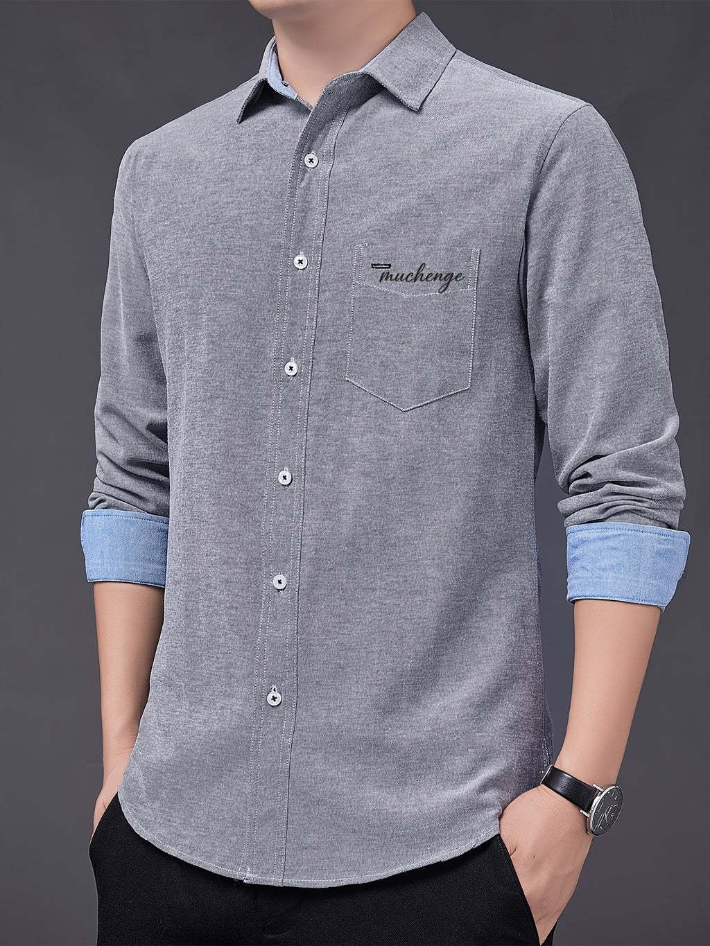 Men's Oxford Cloth Long-Sleeve Shirt for Spring/Autumn, with Lapel Collar, Simple Pocket, and English Print Decoration. Features Contrast Color Cuffs and Collar Design. A Versatile Basic Shirt for Business Casual Wear, Available in Multiple Colors - Grey