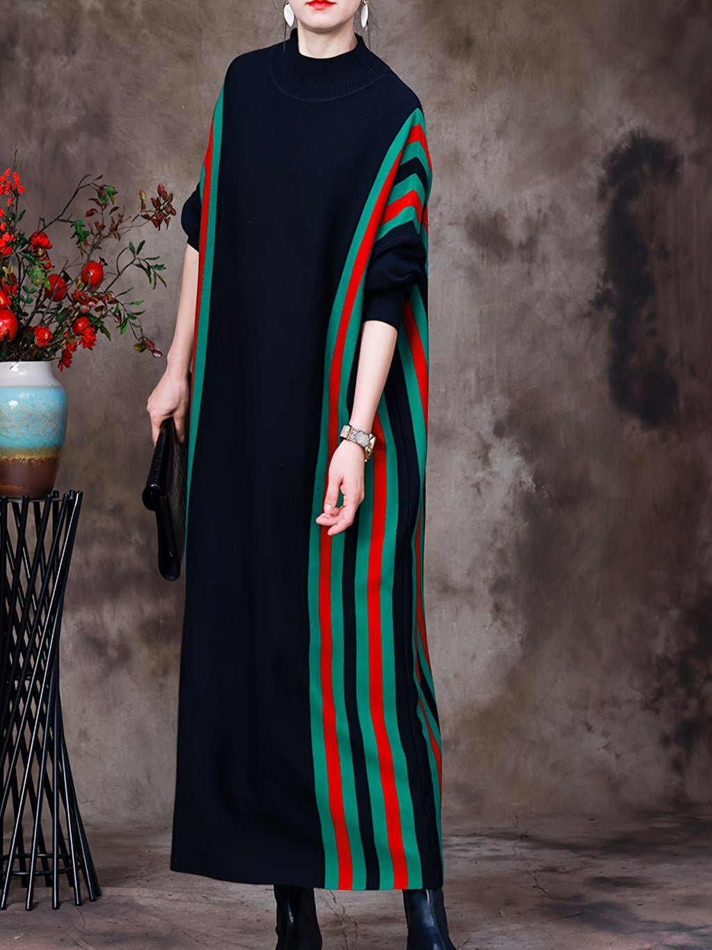 Long Sleeve Stripe Knit Dress, Elegant Mock Neck Loose Ankle Length Dress For Fall & Winter, Women's Clothing - Black