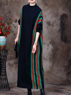 Long Sleeve Stripe Knit Dress, Elegant Mock Neck Loose Ankle Length Dress For Fall & Winter, Women's Clothing - Black