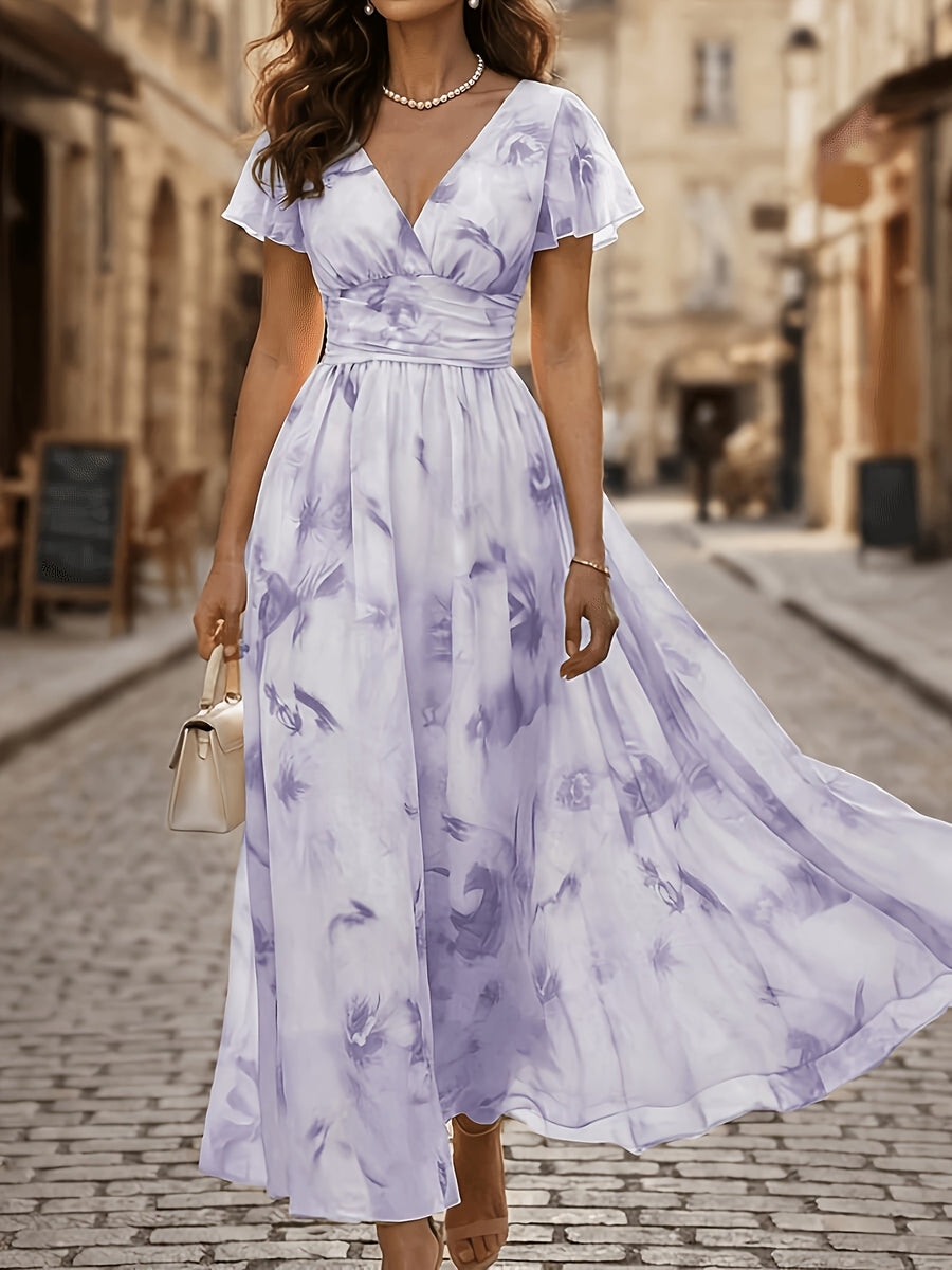 V-Neck Floral Print Long Dress Women'S Elegant Ruffled Sleeve Waist Casual Vacation Dress - Lavender