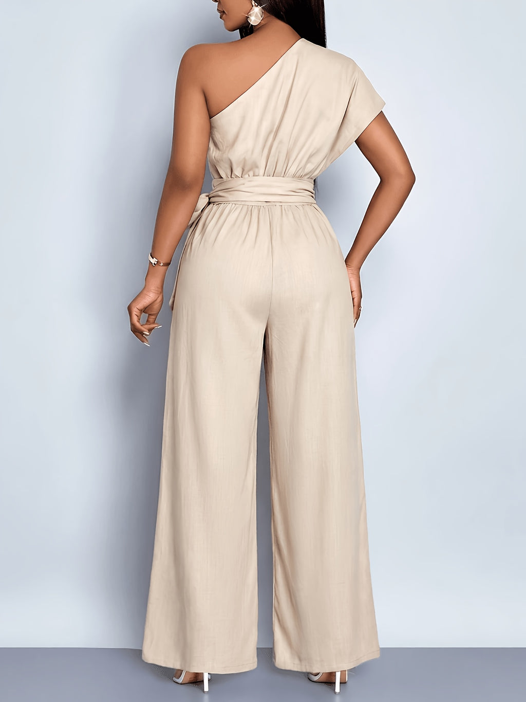 Women'S Summer Commute Fashionable Elegant Daytime Outing Casual Easy Solid Color Asymmetrical One-Shoulder Pleated Wide-Leg Jumpsuit, Suitable for Daily Wear, Dates, Parties, Vacation Outfits, All-Season Clothing, Women'S Office Attire - Khaki