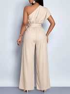 Women'S Summer Commute Fashionable Elegant Daytime Outing Casual Easy Solid Color Asymmetrical One-Shoulder Pleated Wide-Leg Jumpsuit, Suitable for Daily Wear, Dates, Parties, Vacation Outfits, All-Season Clothing, Women'S Office Attire - Khaki