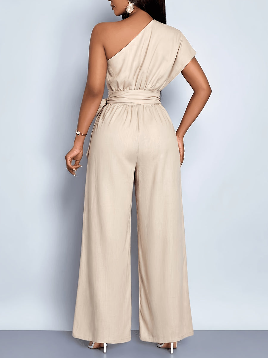Women'S Summer Commute Fashionable Elegant Daytime Outing Casual Easy Solid Color Asymmetrical One-Shoulder Pleated Wide-Leg Jumpsuit, Suitable for Daily Wear, Dates, Parties, Vacation Outfits, All-Season Clothing, Women'S Office Attire - Khaki