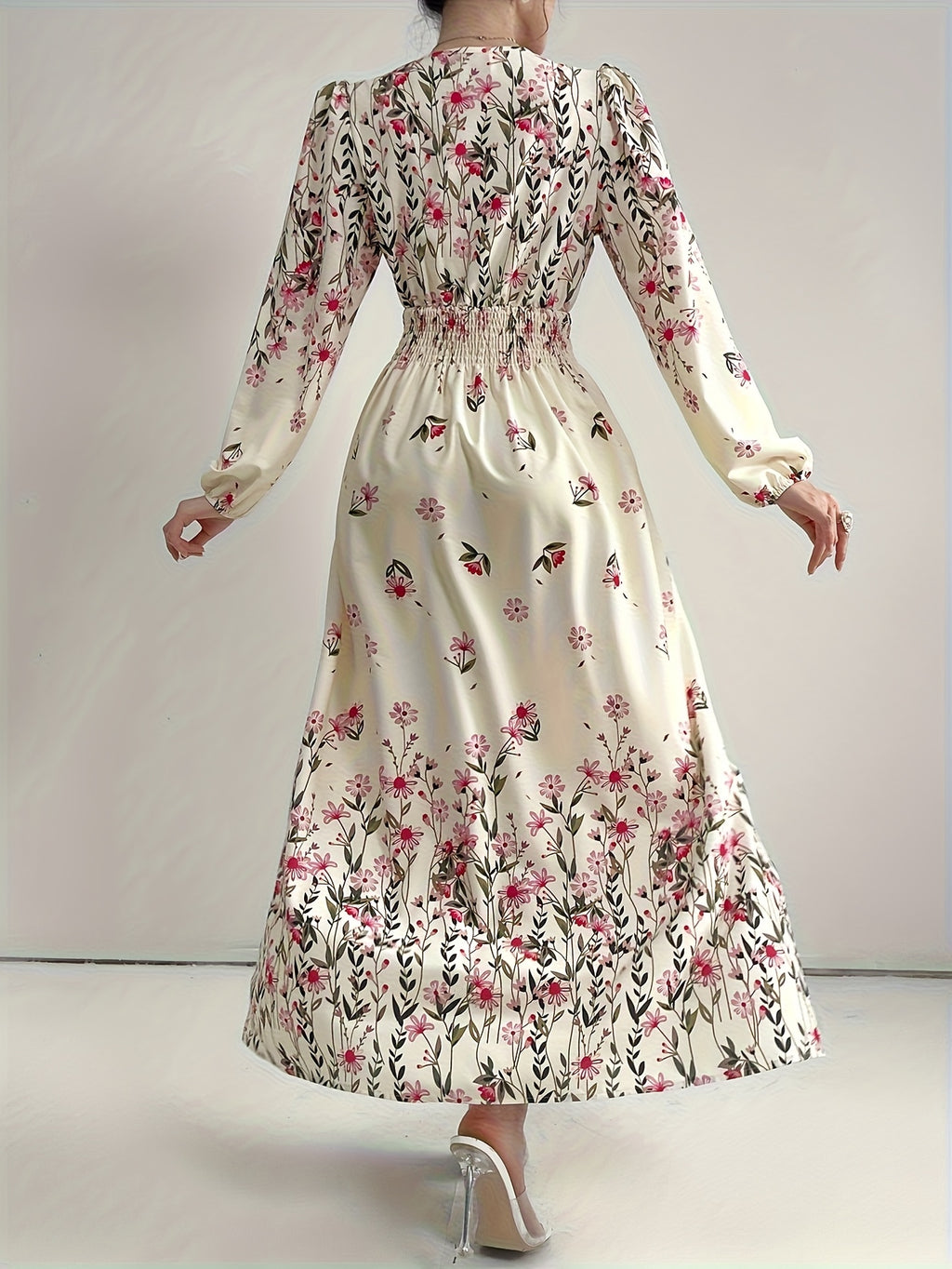 Women'S V-Neck Printed Long Dress, Long Lantern Sleeves, Elastic Waist, A-Line Silhouette, Suitable for Daily Vacation Wear - Apricot