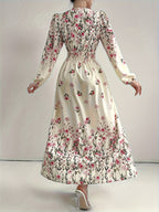 Women'S V-Neck Printed Long Dress, Long Lantern Sleeves, Elastic Waist, A-Line Silhouette, Suitable for Daily Vacation Wear - Apricot