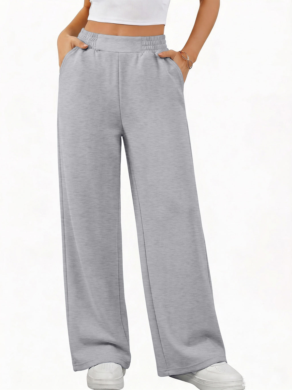 Women's High-Waist Wide-Leg Pants - Loose-Fit Trousers with Pockets, Straight-Leg Sweatpants Suitable for Spring Summer Fall, Casual Y Casual Attire, Machine Washable Wide-Leg for Workouts & Daily Outfits - Grey