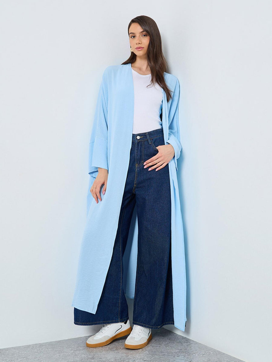 Middle Eastern Abaya Robe, Cuffed Patchwork Solid Color Islamic Turkish Sky Blue Outer Robe Long Dress for Women - Sky Blue