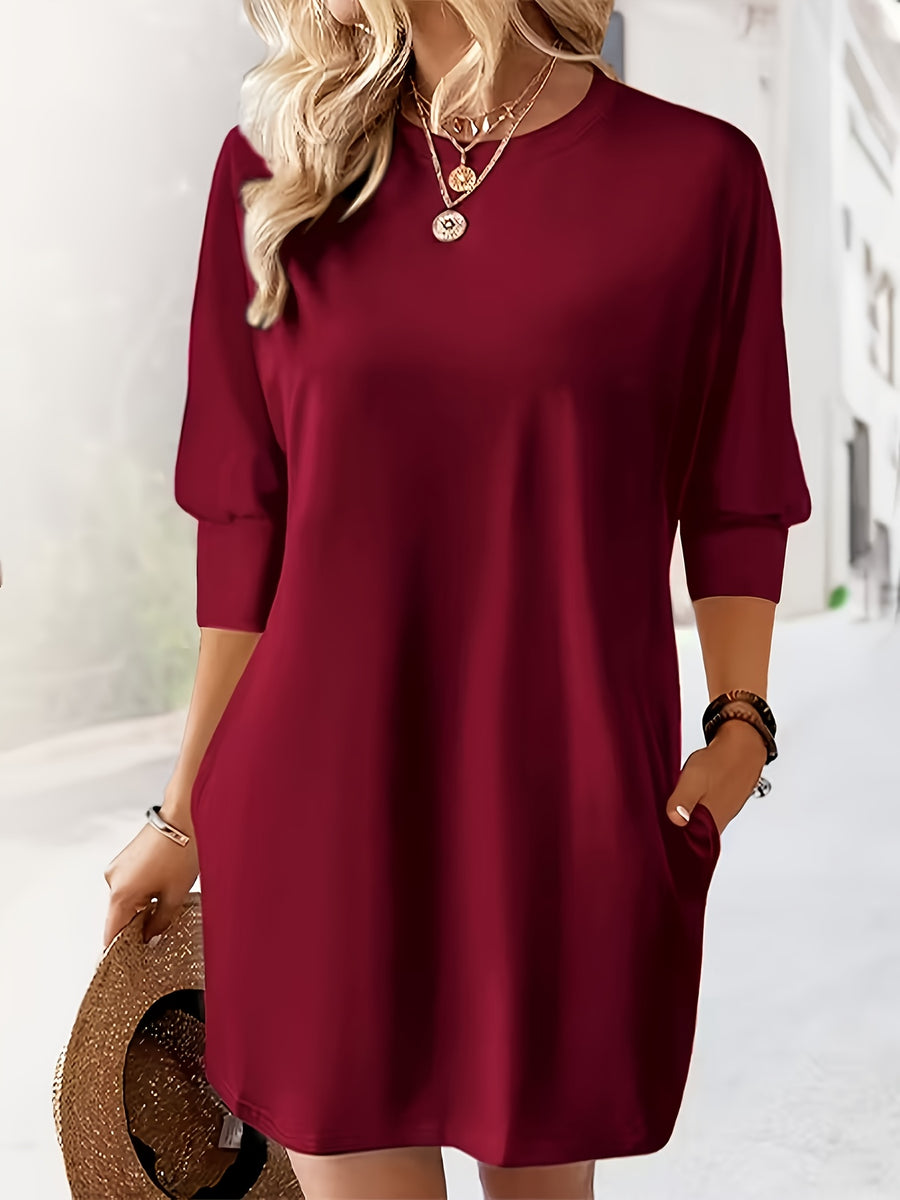 Women's Short Loose Autumn Winter Dress, Urban Fashion, Elegant Commute - Burgundy