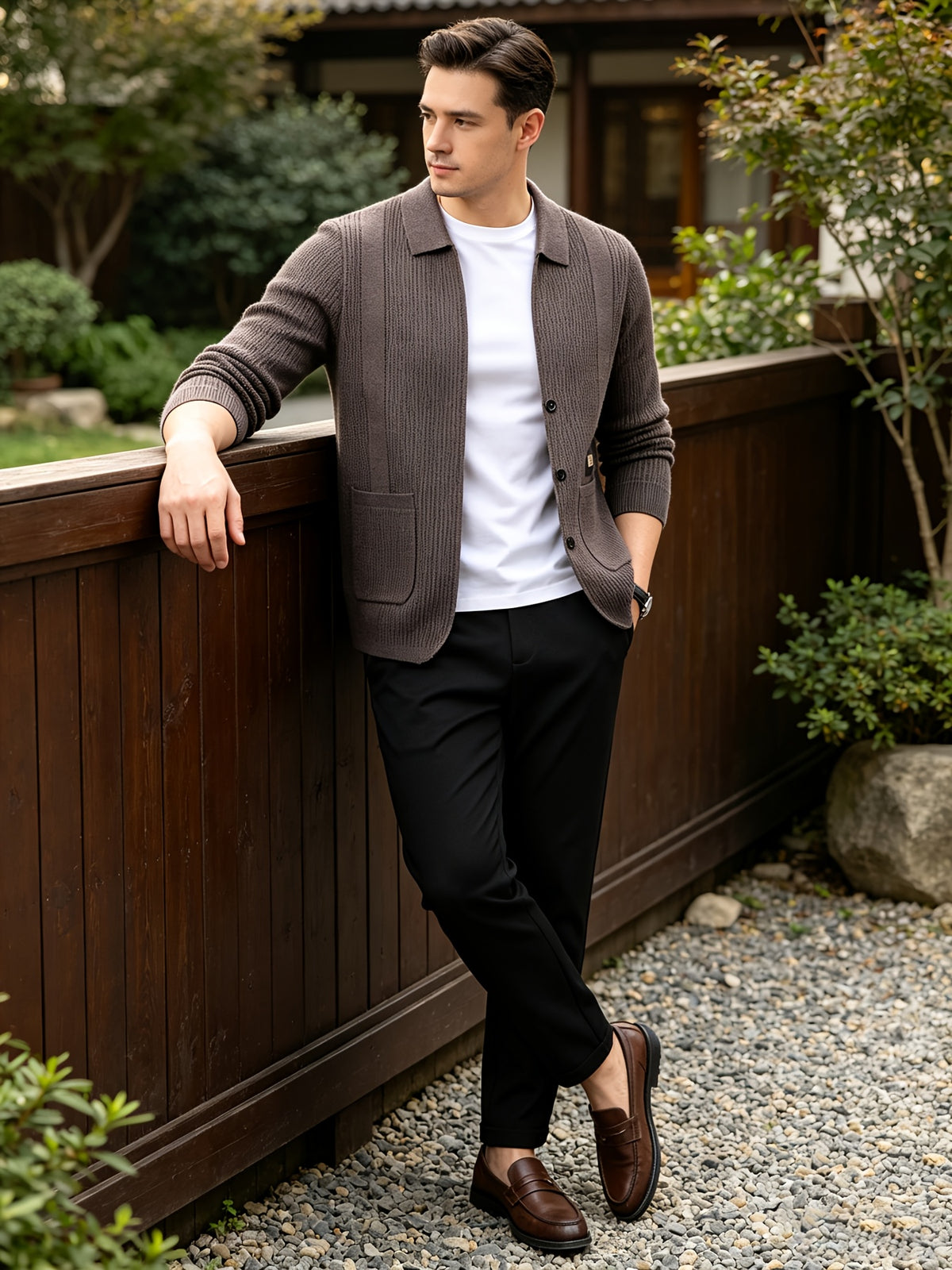 Men's Lightly Mature Business Casual Lapel Knit Cardigan, Vertical Stripe Textured Breathable Wrinkle-Resistant Knit Outerwear, Comfortable, Soft, and Skin-Friendly, with Simple Single-Breasted Design and Dual Pockets, Structured Fit for a Slimming - Coffee Color