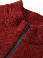 Autumn And Winter Men'S Half-Zip Stand-Up Collar Sweater, Fleece-Lined And Thickened, Letter Pattern, Contrasting Color Stripes, Business Casual Knit Pullover Shirt, Men'S Warm Top, Suitable for Daily Commuting And Outdoor Activities - Deep Red