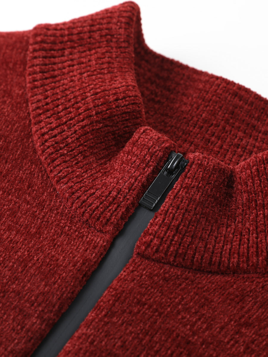 Autumn And Winter Men'S Half-Zip Stand-Up Collar Sweater, Fleece-Lined And Thickened, Letter Pattern, Contrasting Color Stripes, Business Casual Knit Pullover Shirt, Men'S Warm Top, Suitable for Daily Commuting And Outdoor Activities - Deep Red
