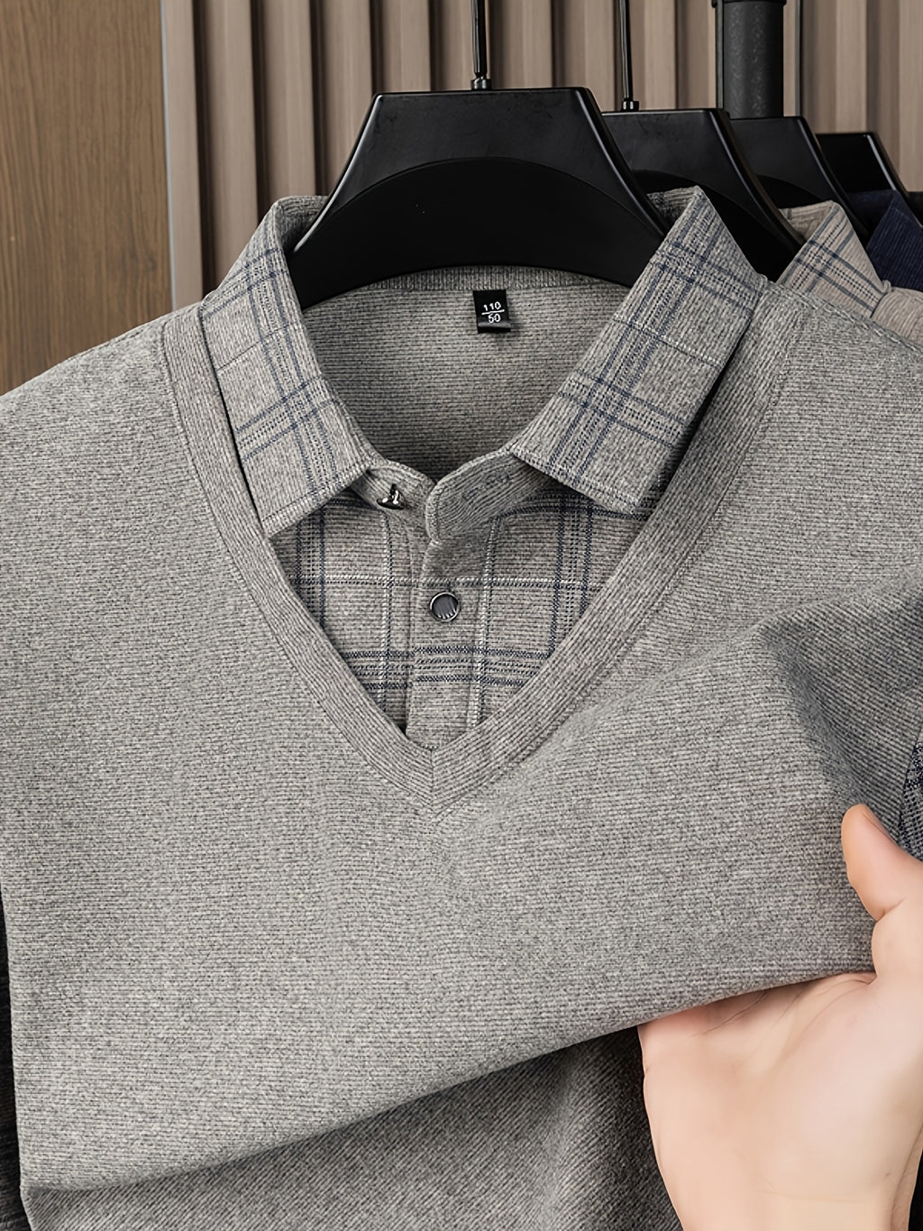 Men's 2-in-1 Look Long Sleeve Polo Shirt, Plaid Shirt Collar Spliced Top, Simple, Elegant, Delicate, and Skin-Friendly, Business Commute, Business Trip, Travel Top, Loose and Casual Men's Clothing for Home and Daily Wear, Available in Multiple Colors - Light Grey