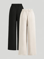 High-Waisted Wide-Leg Pants Two-Piece Set - Apricot+Black