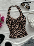 Women'S Spring/Summer New Arrival Daily/Dating/Vacation Casual Printed Twist Front Halter Neck Crop Top - Coffee Brown