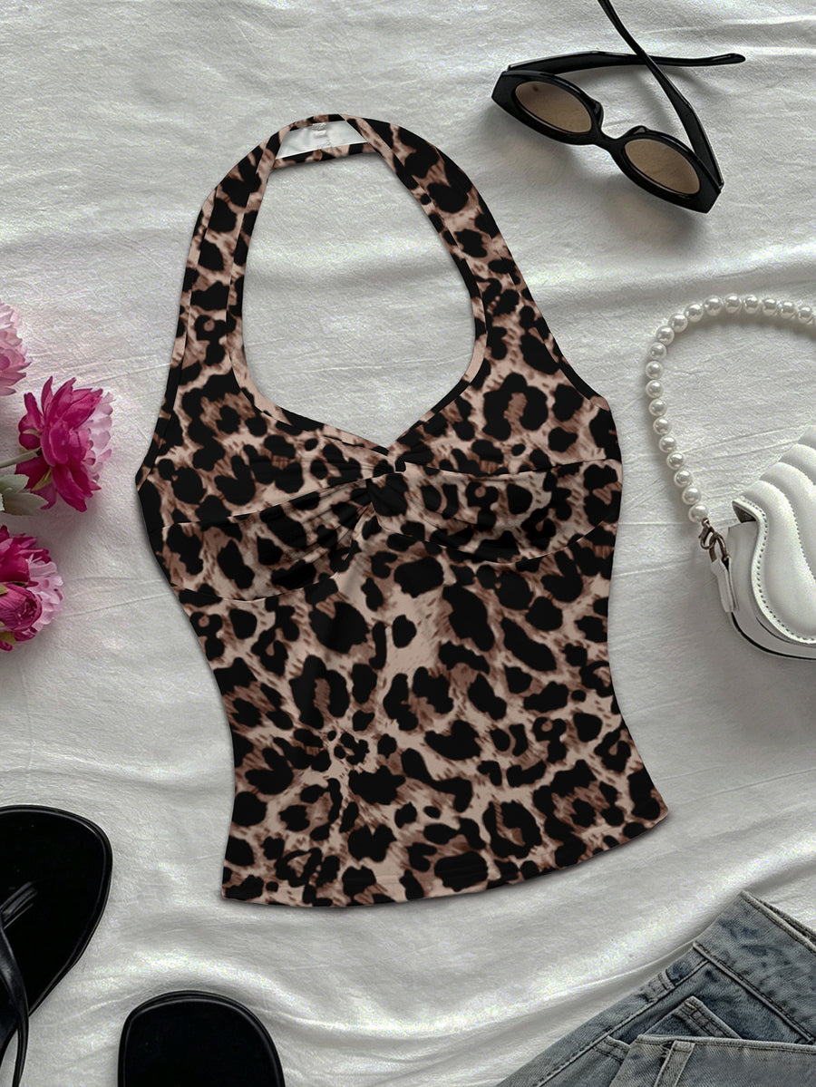 Women'S Spring/Summer New Arrival Daily/Dating/Vacation Casual Printed Twist Front Halter Neck Crop Top - Coffee Brown